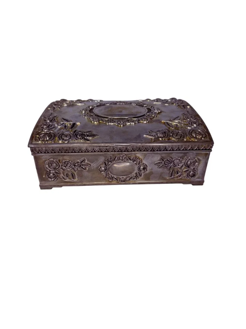 Vintage Godinger Silver Plate Jewelry Box with Roses and Red Velvet‎ Interior